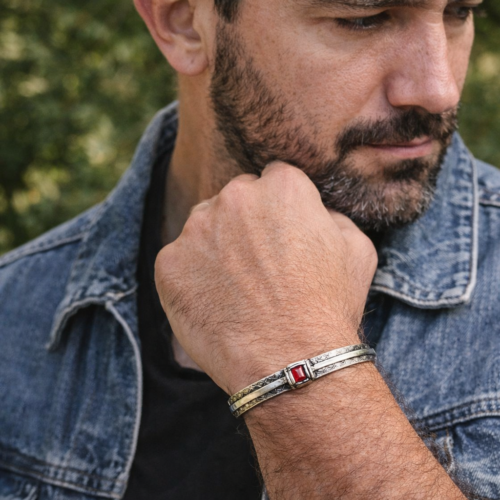 Bracciale rigido da uomo in argento 925 con incisioni geometriche e pietra corindone rosso taglio quadrato, indossato al polso da modello