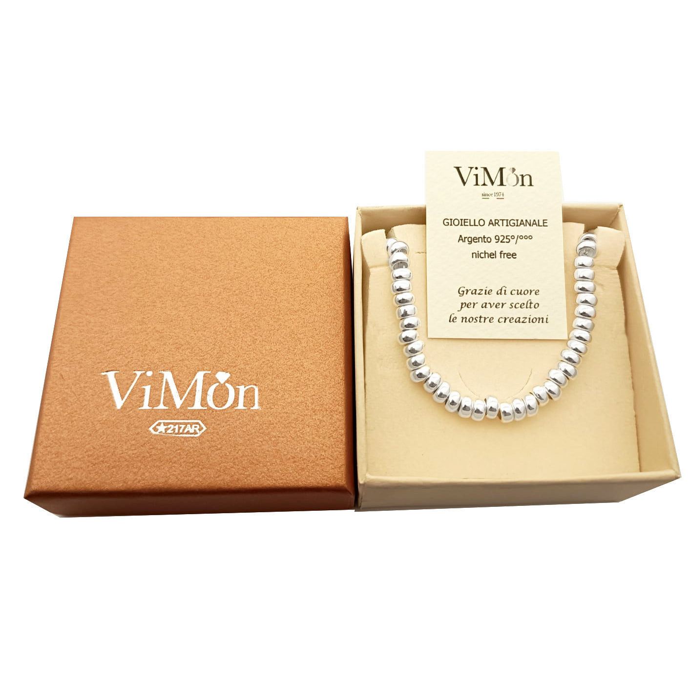 Bracciale a rondelle e granelli in argento 925 fatto a mano, gioiello artigianale italiano con certificato di autenticità ViMon