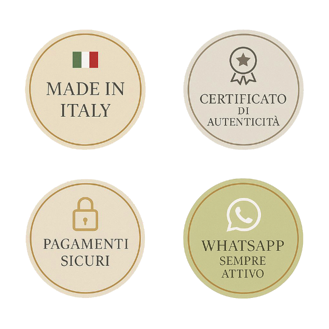 Icone garanzie sito gioielli: Made in Italy, certificato di autenticità, pagamenti sicuri e assistenza WhatsApp sempre attiva