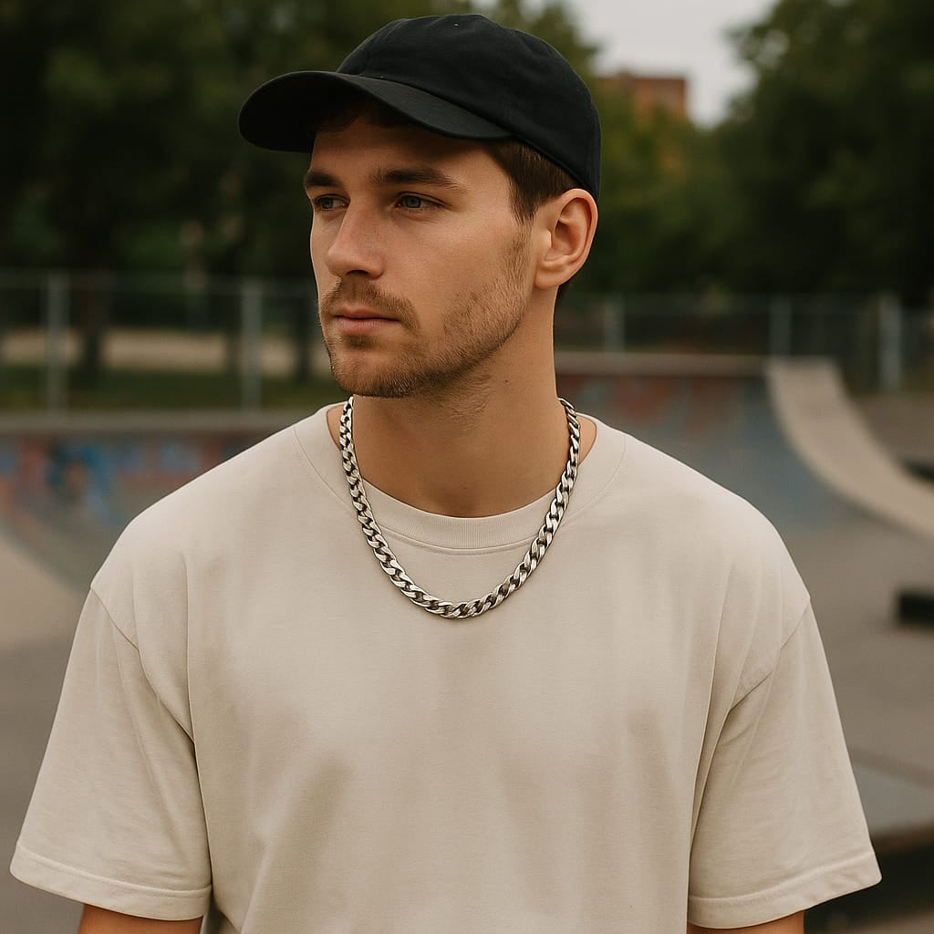 gioielli uomo artigianali argento collana cubana grande massiccia indossata