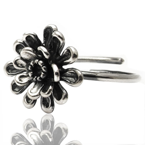 gioello-artigianale-argento-925-anticato-brunito-anello-da donna regolabile tema floreale margherita girasole conveniente in offerta a prezzo basso