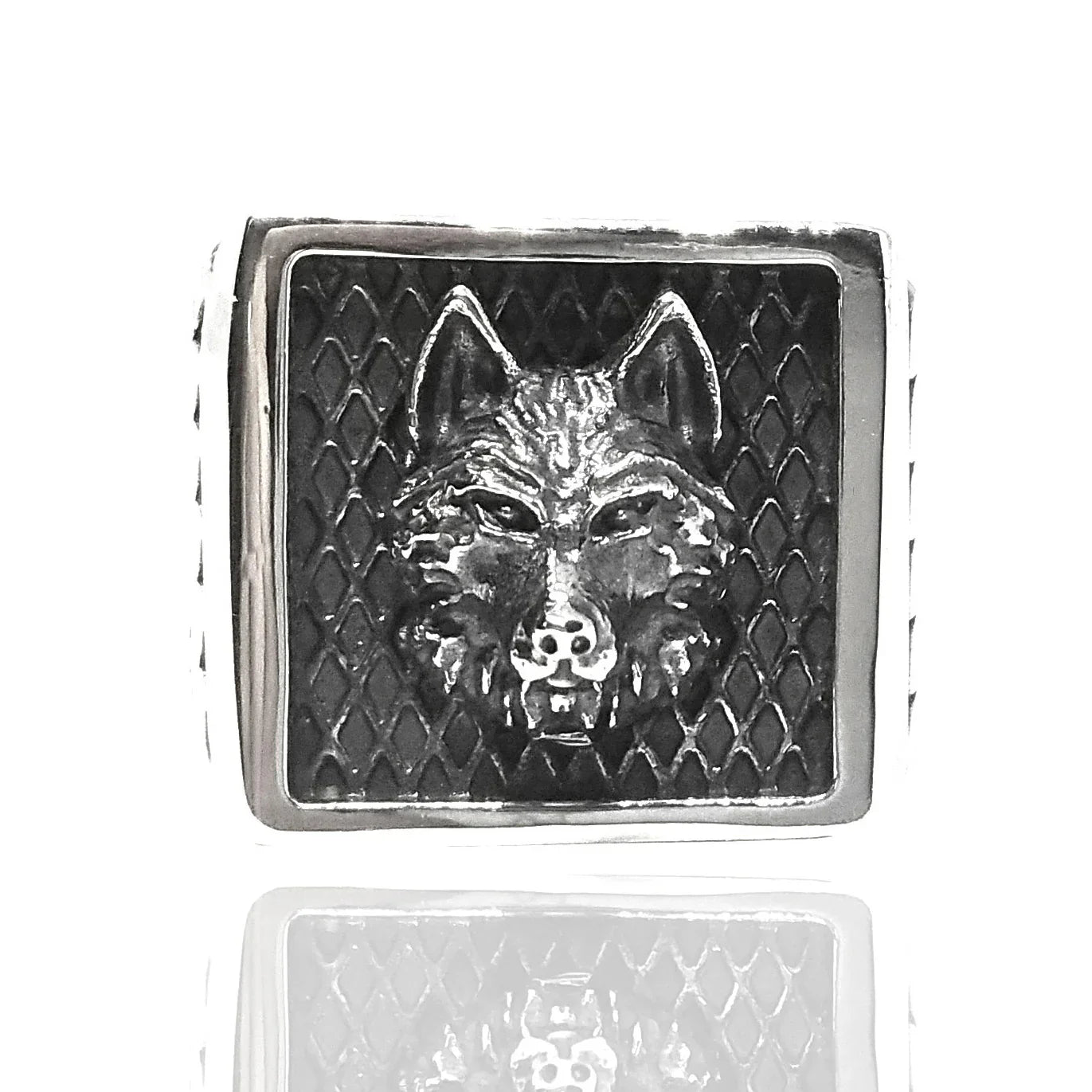 anello base quadrata stemma sigillo testa di lupo stile rock punk gotico grintoso argento 925 nero antico tipo pietro ferrante nove25 prezzo economico