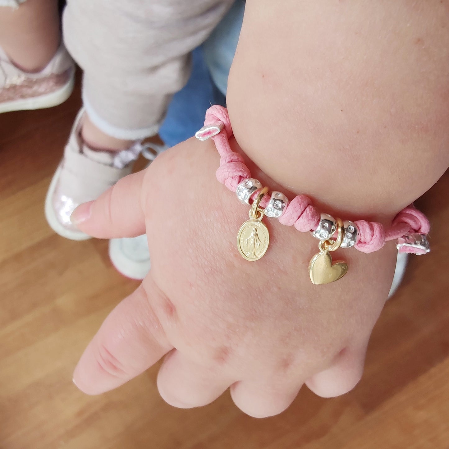 bracciale nascita regalo battesimo compleanno neotato argento vero 925 cordino colorato granelli tipo dodo ciondoli cuore cuoricino madonnina madonna angelo angioletto custode