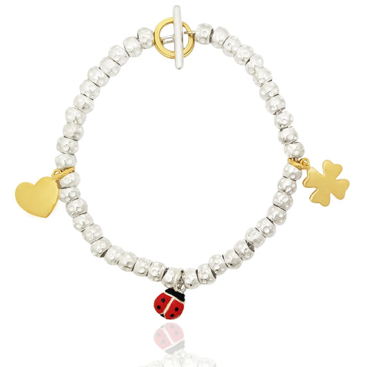 bracciale imitazione dodo in argento 925 donna uomo con granelli pepite martellate chiusura a T , con ciondoli charms cuore coccinella smaltata quadrifoglio
