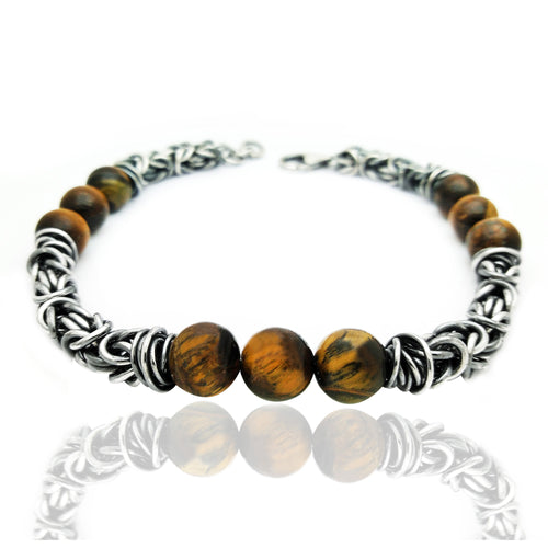vendita online gioielli artigianali in argento 925 bracciale da uomo maglia bizantina  pietra naturale occhio di tigre stile elegante classico vintage