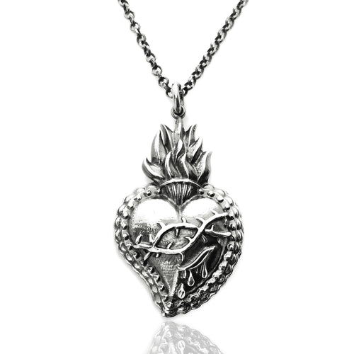 collana catena con ciondolo pendente a forma di sacro cuore ex voto di gesù maria vergine santa in argento nero antico stile rock punk tattoo