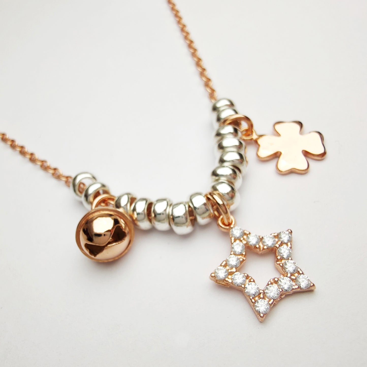collanina con catenina in argento 925 rosato ciambelle rondelle granelli tipo simil imitazione dodo mariani pendenti ciondoli charms campanellino stella quadrifoglio idea regalo natale san valentino compleanno acquista online a prezzo basso in offerta