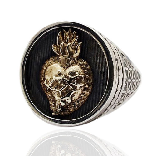 anello modello chevalier argento nero antico mignolo regolabile personalizzato pietro ferrante nove25 piccolo tondo sigillo sacro cuore fiammeggiante ex voto milagros messicano