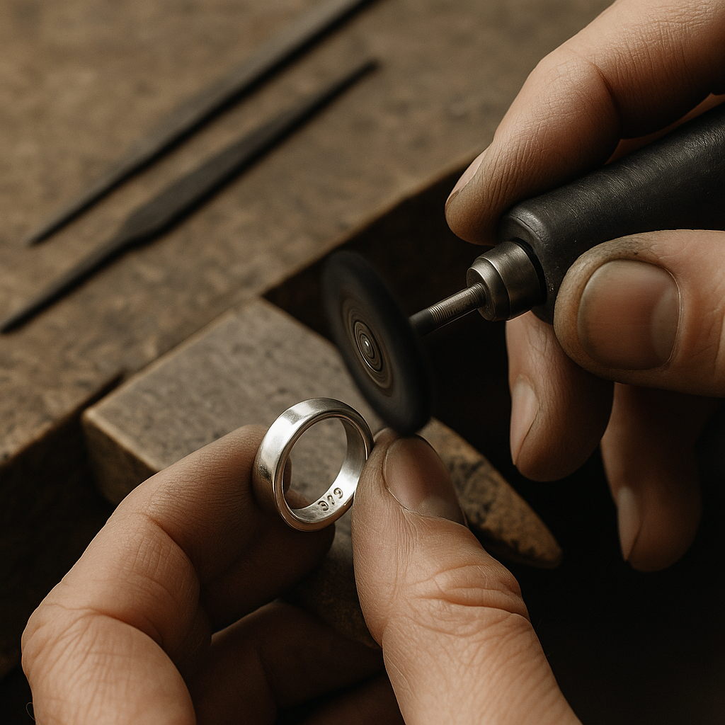 Mani di un artigiano che lucida a mano un anello in argento 925 su banco da lavoro, strumenti di oreficeria sullo sfondo, luce calda e atmosfera autentica.