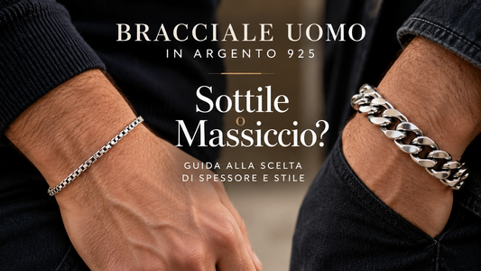 Bracciali uomo in argento 925 a confronto: modello sottile con maglia veneziana e bracciale massiccio a maglia grumetta, indossati al polso.