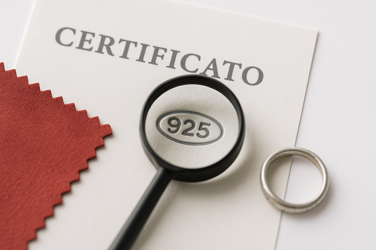 Certificato di autenticità dell’argento 925 con dettagli tecnici e strumenti di valutazione su sfondo chiaro, immagine ideale per articolo su come riconoscere l’argento vero.