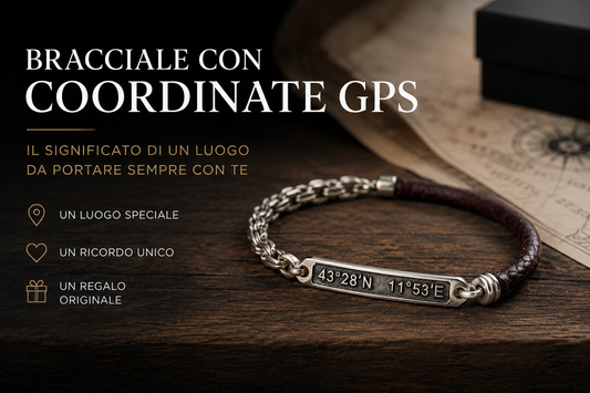 Bracciale uomo personalizzato in argento 925 e cuoio con coordinate GPS incise sulla targhetta