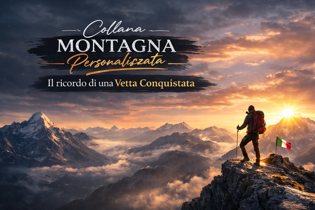 Copertina blog con panorama alpino all’alba e alpinista in vetta, dedicata alla collana montagna personalizzata in argento 925 con incisione nome del monte e altezza.