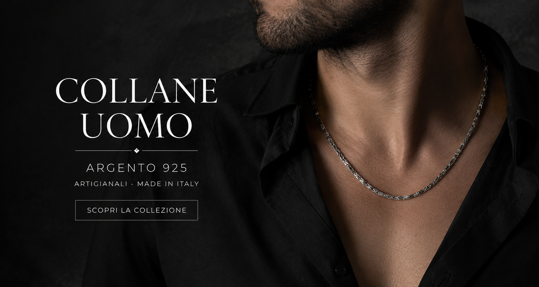 Uomo che indossa una collana in argento 925. Guida alla scelta delle collane uomo artigianali Made in Italy.