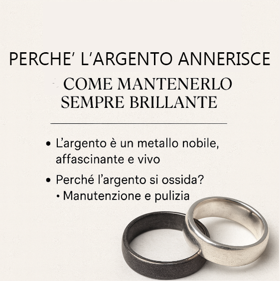 Copertina articolo ViMon Gioielli: due anelli in argento 925, uno ossidato e uno brillante, con testo “Perché l’argento annerisce e come mantenerlo sempre brillante”