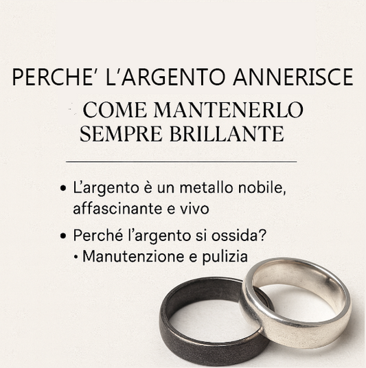 Copertina articolo ViMon Gioielli: due anelli in argento 925, uno ossidato e uno brillante, con testo “Perché l’argento annerisce e come mantenerlo sempre brillante”