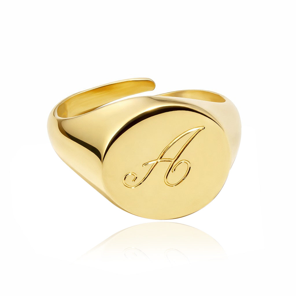 anello chevalier da mignolo regolabile in argento incisione lettera iniziale nome figlio figlia con placcatura argento oro giallo oro rosa rosè