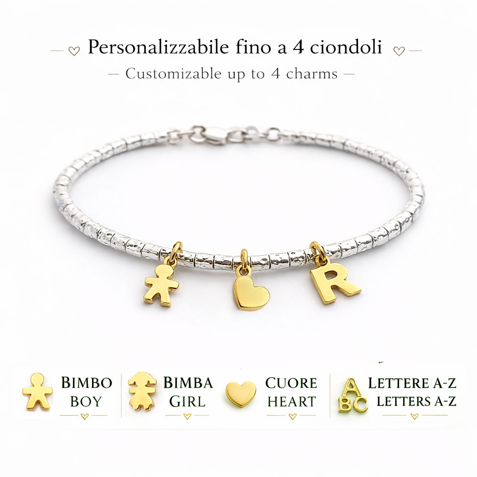 Bracciale mamma personalizzato argento 925 con ciondoli figli bimbo bimba cuore e iniziali, idea regalo Festa della Mamma.