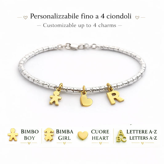 Bracciale mamma personalizzato argento 925 con ciondoli figli bimbo bimba cuore e iniziali, idea regalo Festa della Mamma.