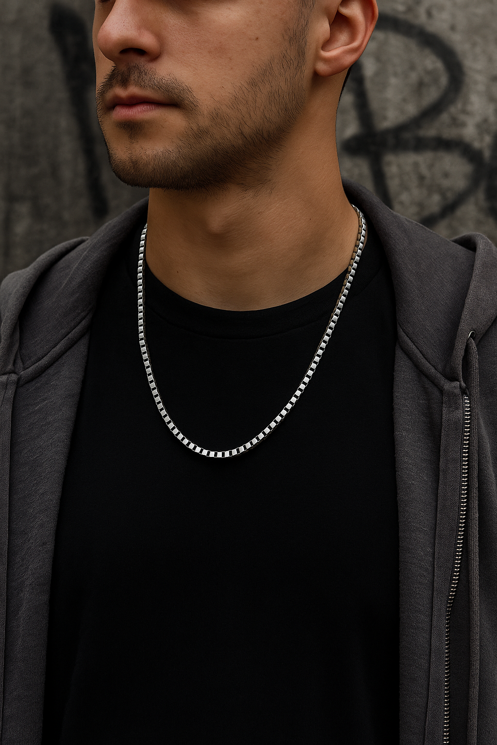 Collana uomo argento 925 stile urban streetwear con maglia quadrata veneziana