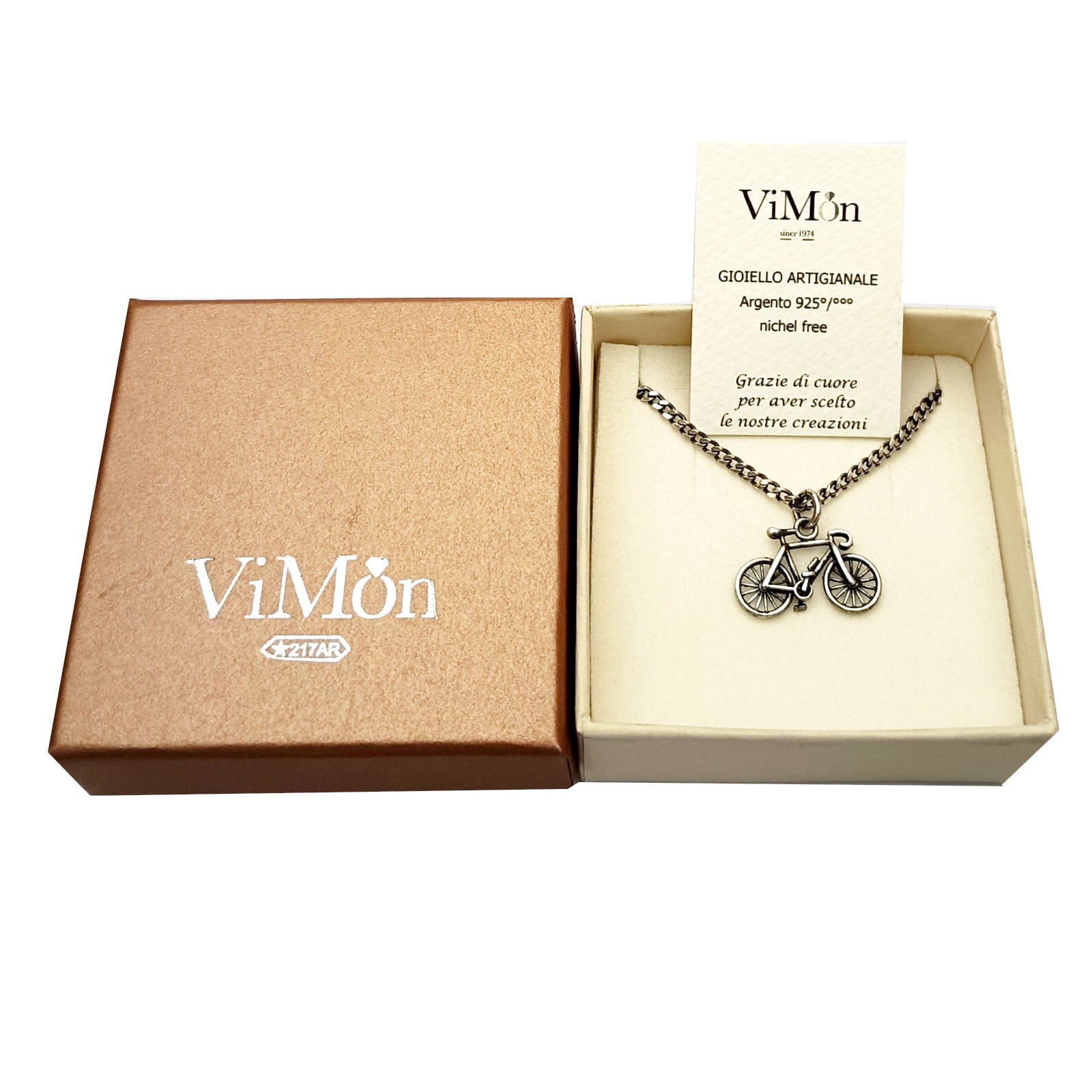 Collana artigianale da uomo in argento 925 brunito con ciondolo bicicletta da corsa, presentata nella confezione regalo ViMon Gioielli con certificato di autenticità Made in Italy.
