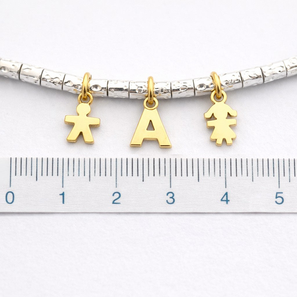 Misure reali ciondoli bimbo bimba e lettere altezza 6-7 mm su bracciale argento 925.