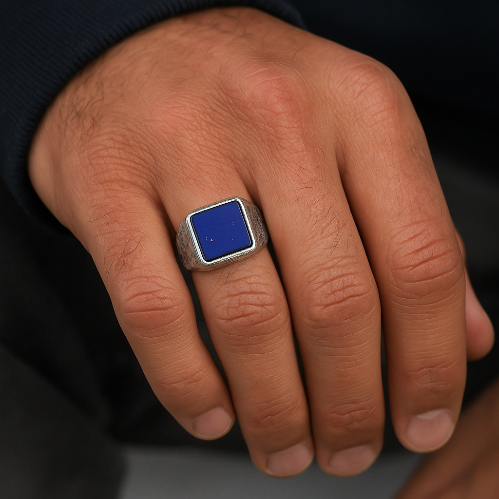 anello artigianale argento con pietra blu uomo