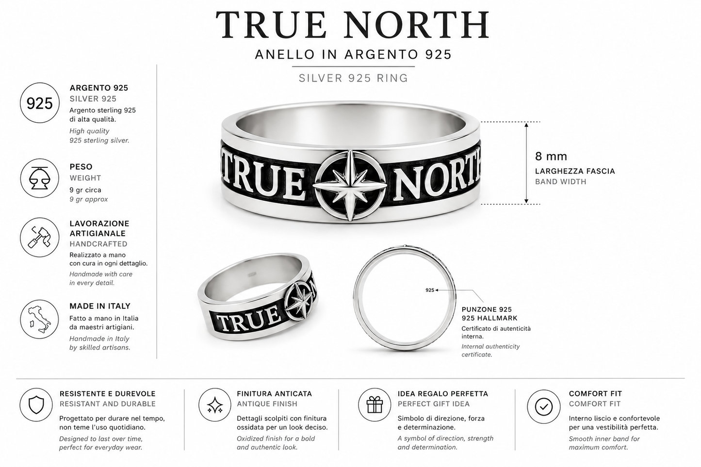 Anello Uomo True North con Rosa dei Venti