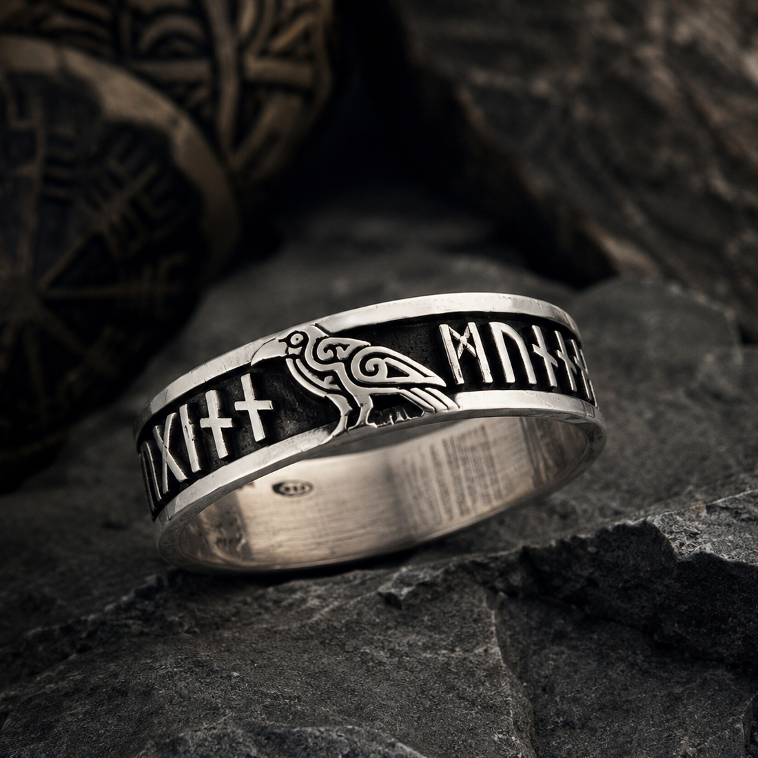 Anello Vichingo Uomo in Argento 925 – Corvi di Odino Huginn e Muninn