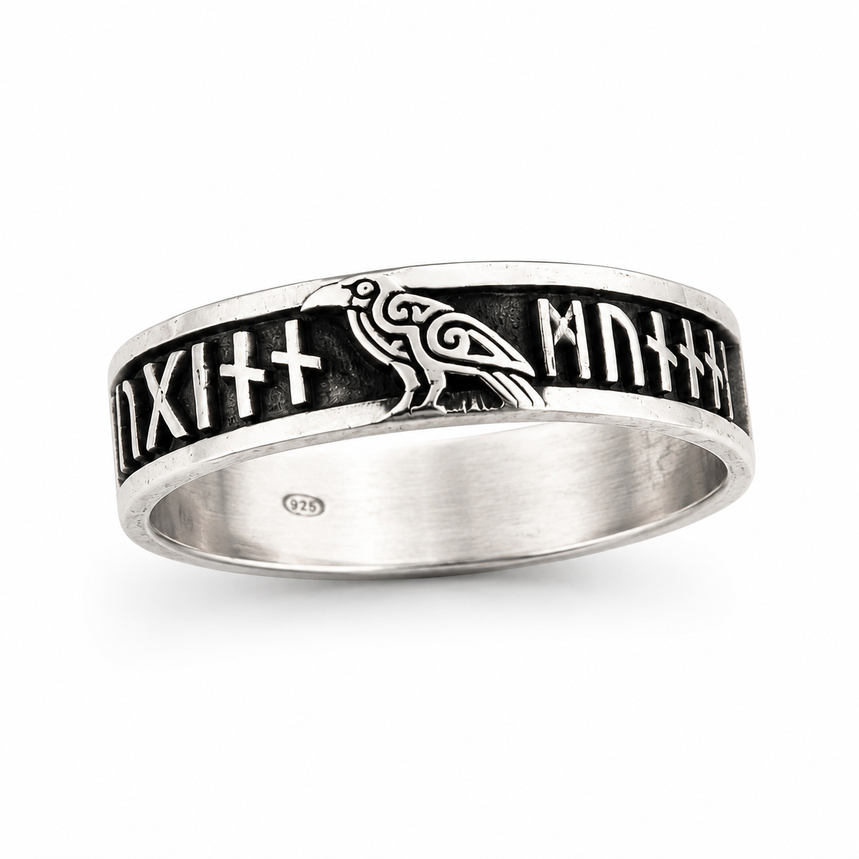 Anello vichingo da uomo in argento 925 brunito con corvo di Odino e rune Huginn e Muninn
