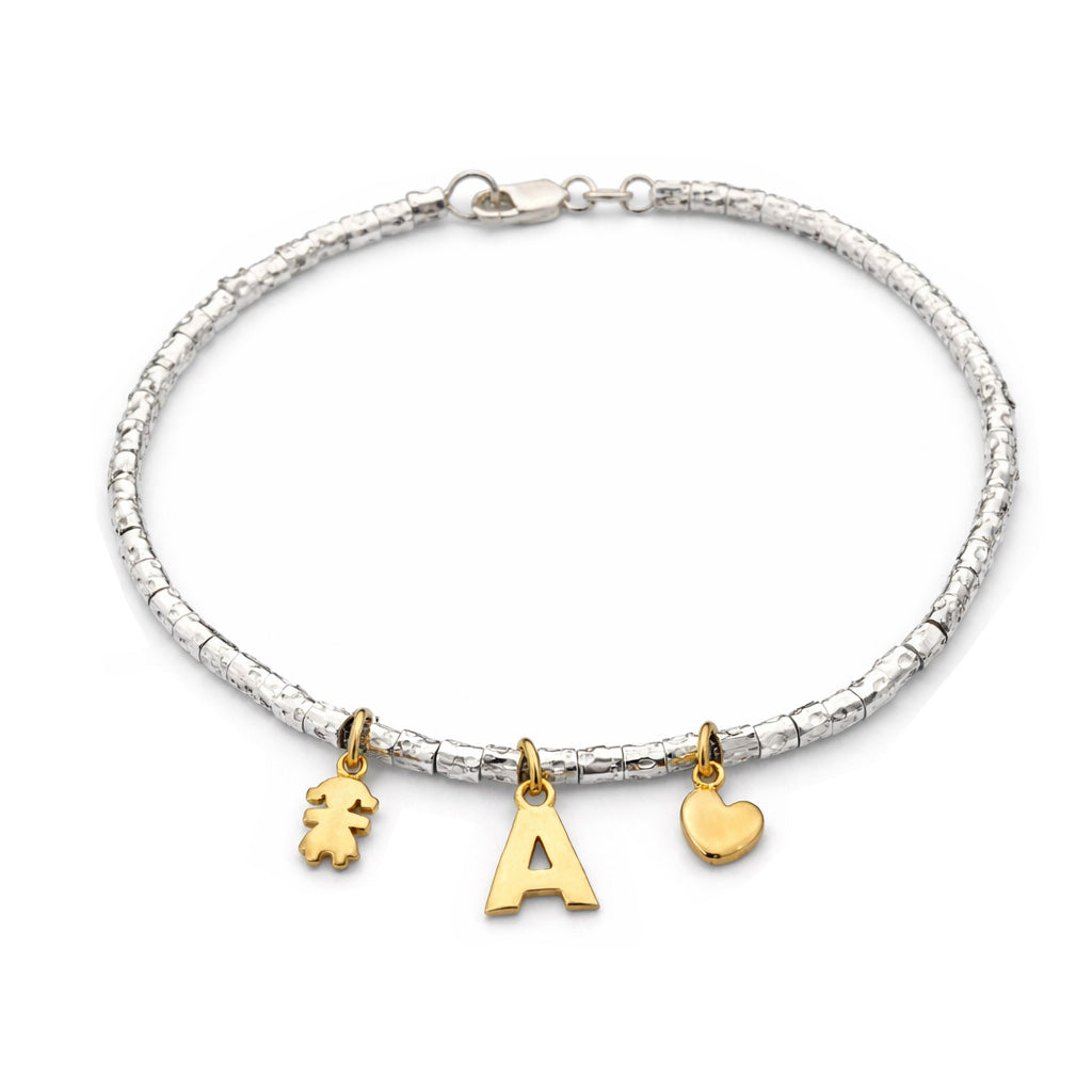 bracciale in argento 925 on mini granelli pepite martellate idea regalo mama personalizzato con ciondoli bimba bimbo lettera iniziale nome
