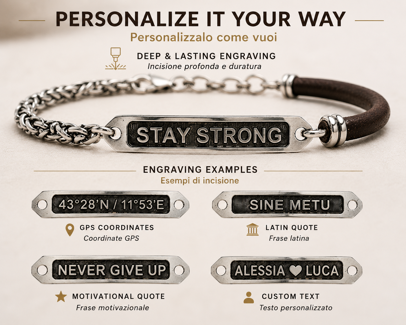 Bracciale Uomo Personalizzato in Argento 925 e Cuoio