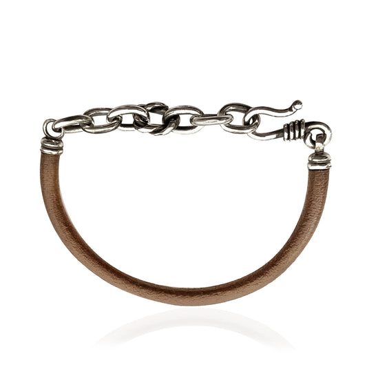 Bracciale uomo in cuoio marrone con catena e chiusura in argento 925, artigianale Made in Italy