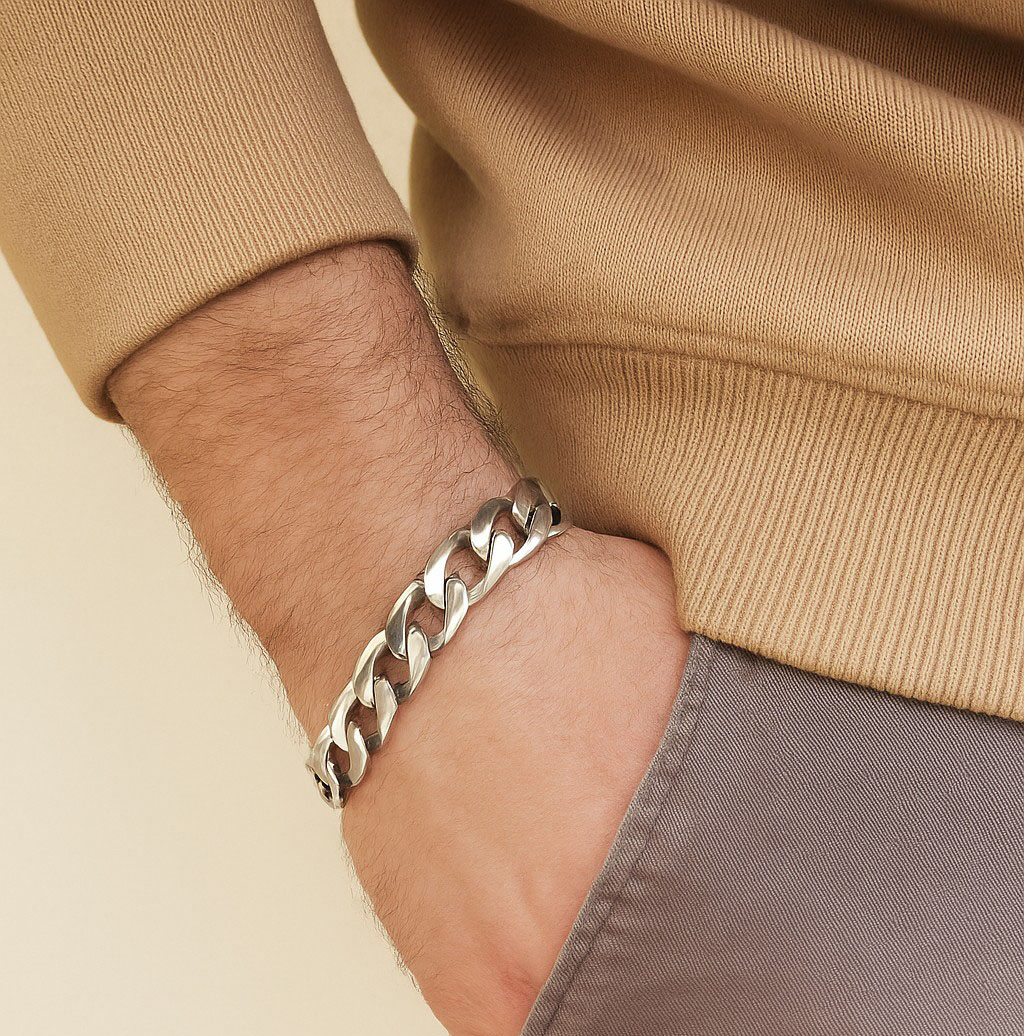 bracciale uomo robusto catena grumetta argento