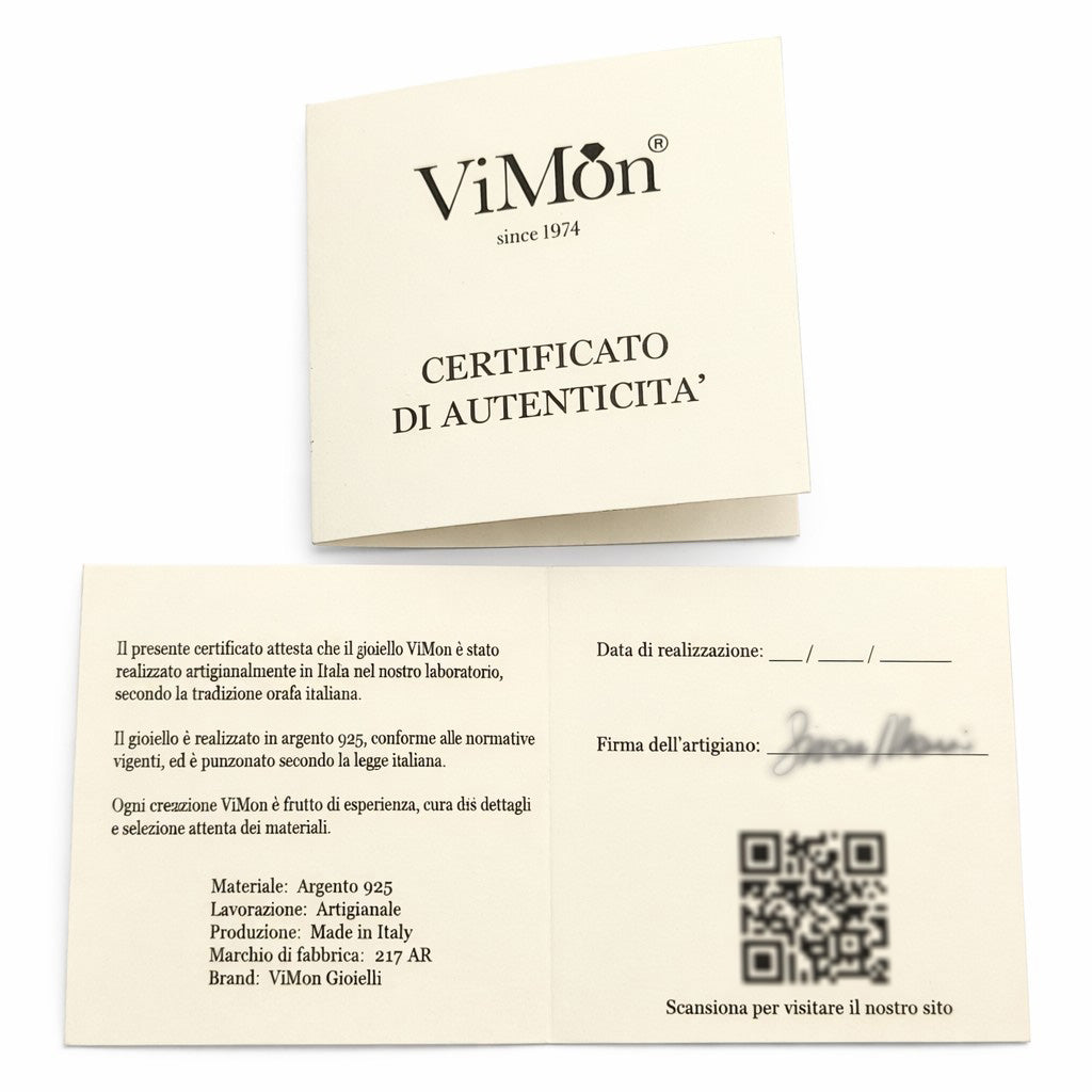 certificato di autnticita vimon gioielli con data firma artigiano e qr code