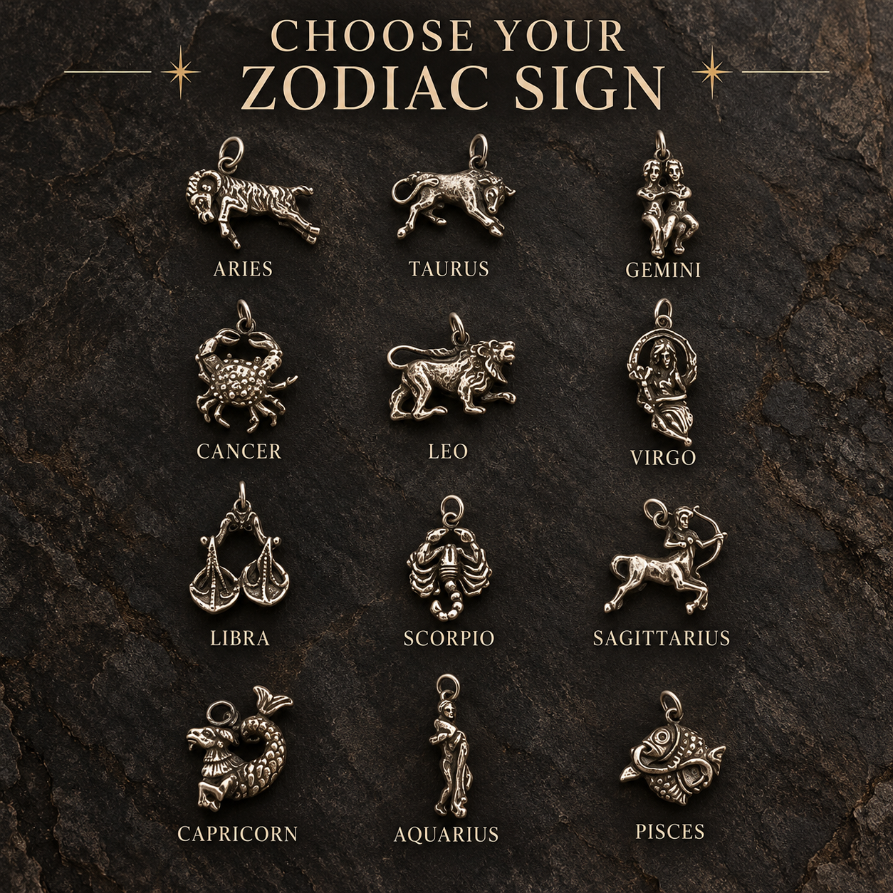 Collezione completa dei 12 ciondoli con segni zodiacali in argento 925 brunito, da Ariete a Pesci, realizzati da ViMon Gioielli. Copia