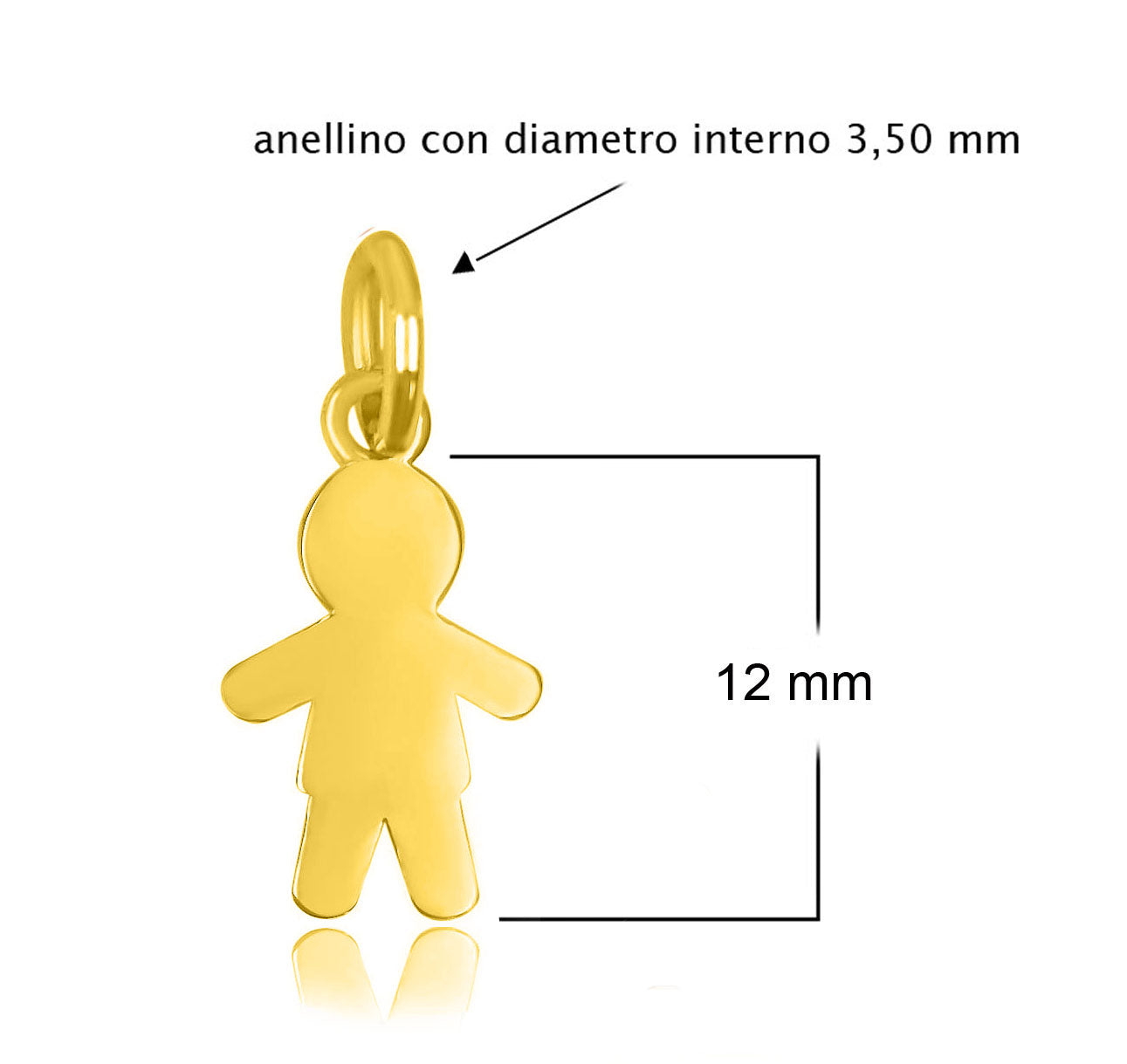 Ciondolo bimbo in Argento 925 placcato oro giallo con misure: altezza 12 mm e anellino diametro interno 3,50 mm.