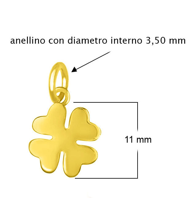 Charm quadrifoglio portafortuna argento 925 placcato oro giallo, misura 11 mm, anellino interno 3,50 mm