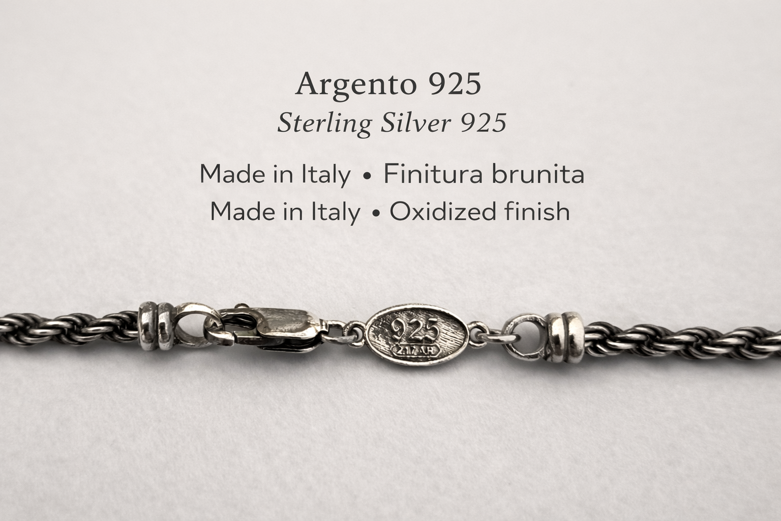 marchio 925 argento dettaglio chiusura collana corda uomo