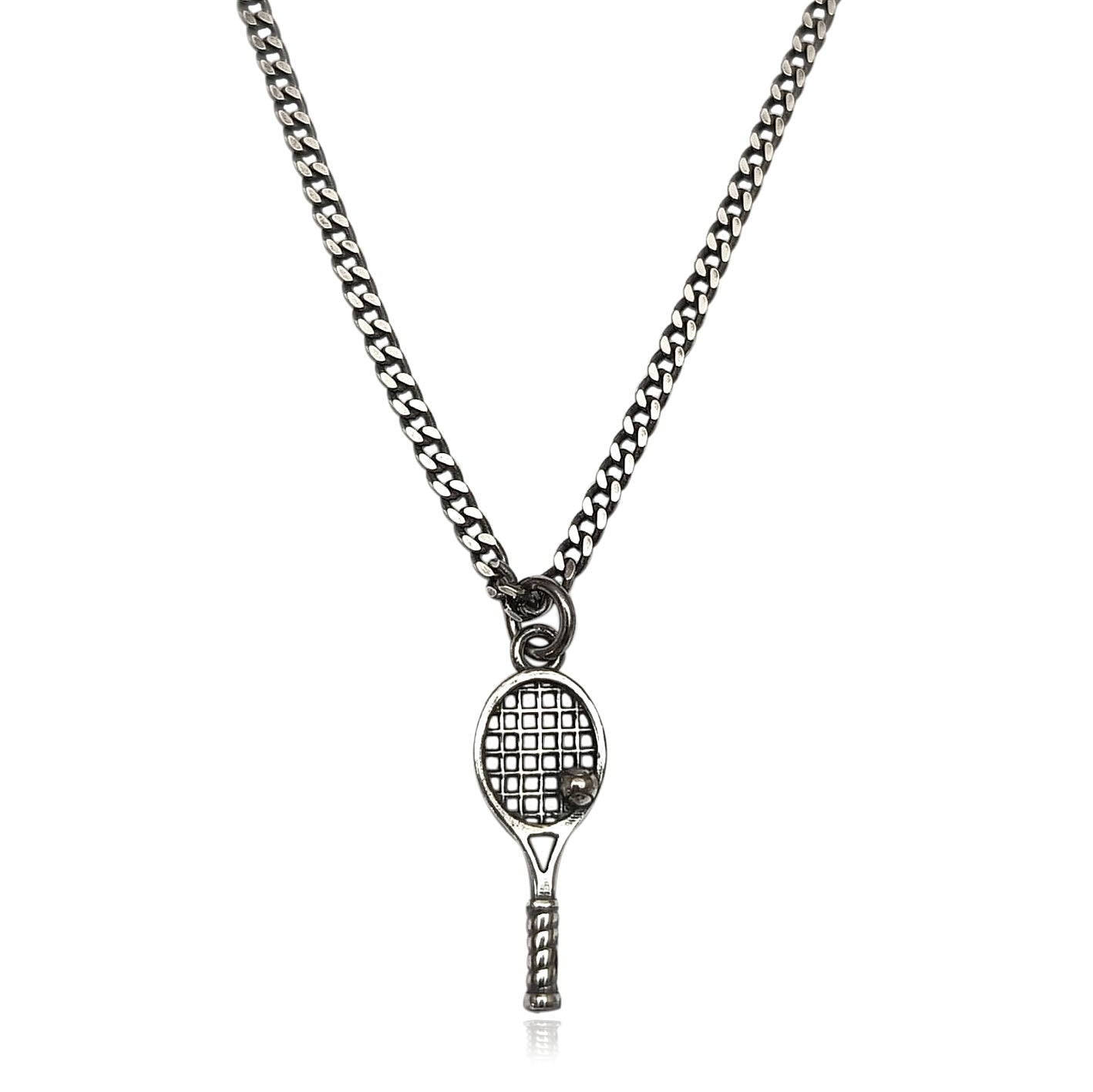 Collana uomo in argento 925 con ciondolo racchetta da tennis, catena grumetta 2 mm, pendente 3x1 cm – ViMon Gioielli