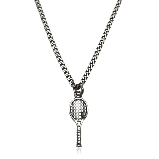 Collana uomo in argento 925 con ciondolo racchetta da tennis, catena grumetta 2 mm, pendente 3x1 cm – ViMon Gioielli
