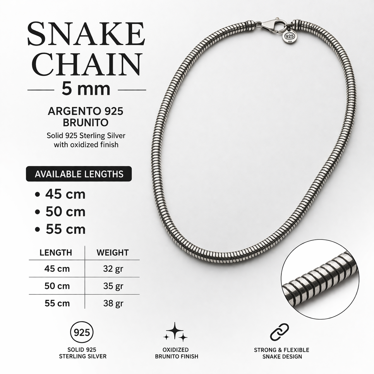 collana snake 5 mm argento 925 brunito lunghezze 45 50 55 cm specifiche prodotto