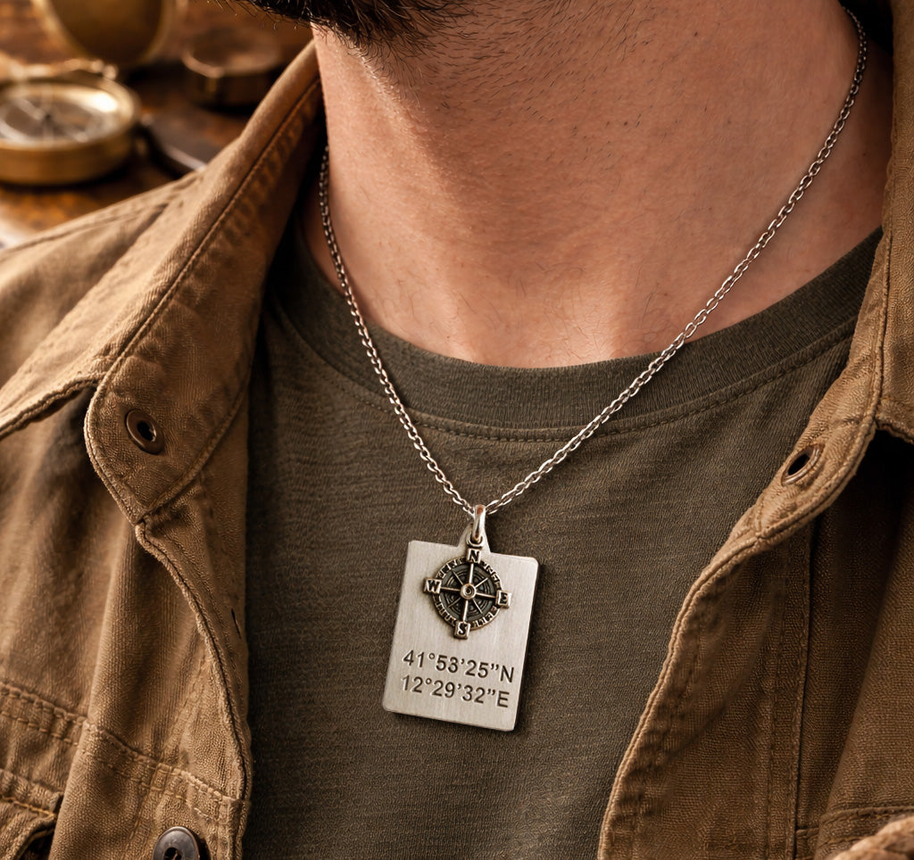 collana indossata da uomo in argento con piastrina con incisione coordinate gps e ciondolo bussola rodei venti 