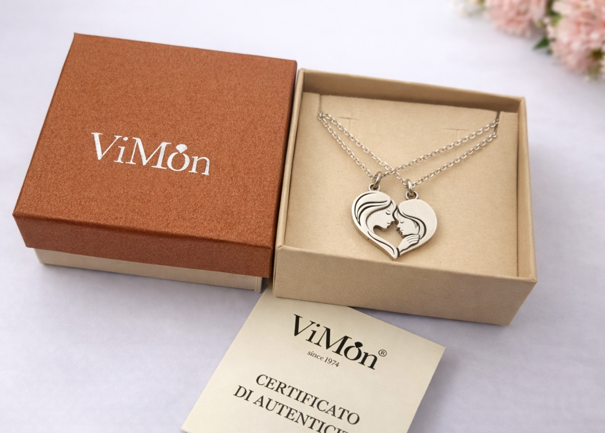 collana madre figlia argento 925 cuore set con scatola regalo ViMon certificato made in Italy