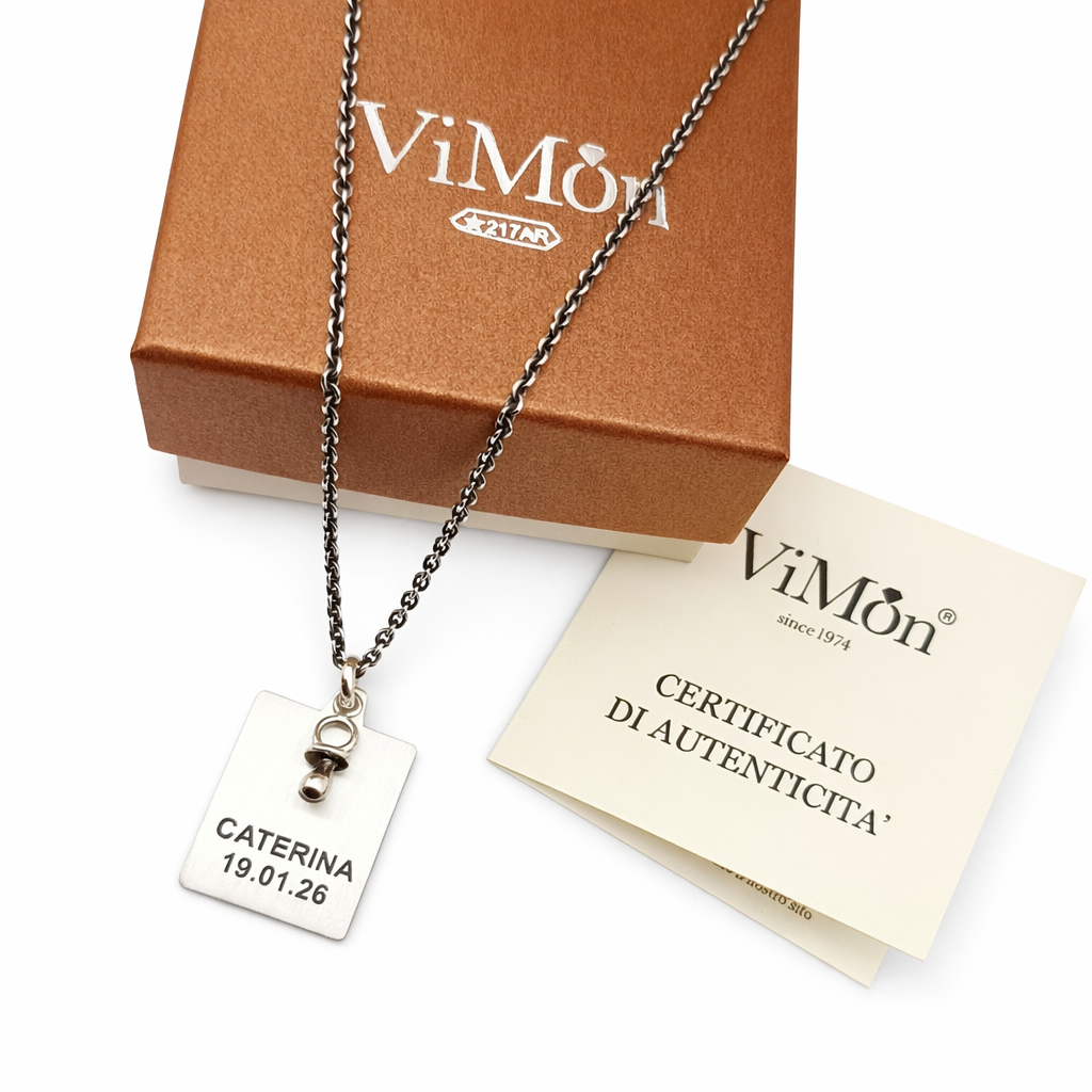 confezione regalo vimon con scatola per gioieli e certificato di autenticità collana per uomo argento nome figli
