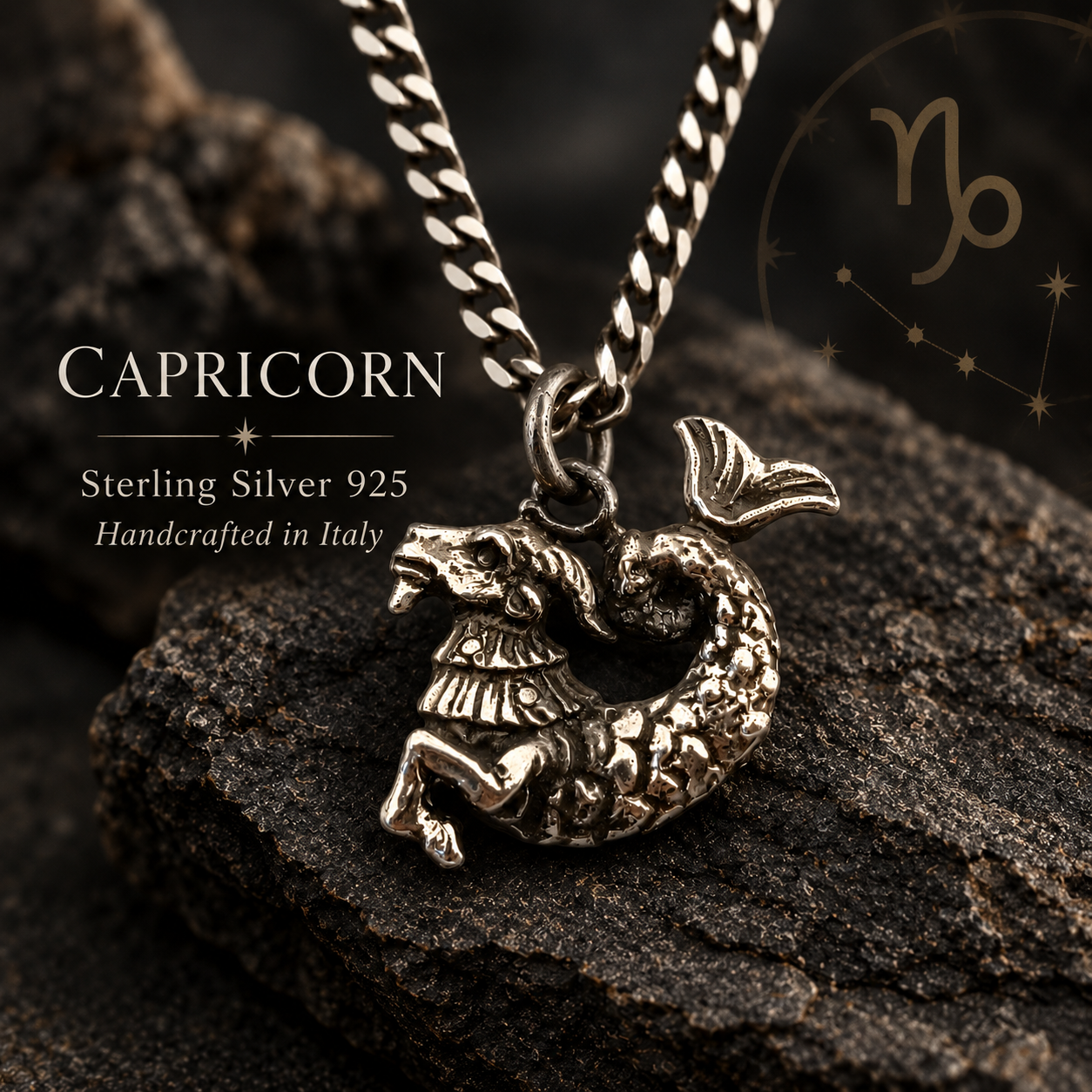 Primo piano della collana Capricorno in argento 925 brunito con ciondolo tridimensionale e catena grumetta, lavorazione artigianale italiana.