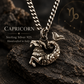 Primo piano della collana Capricorno in argento 925 brunito con ciondolo tridimensionale e catena grumetta, lavorazione artigianale italiana.