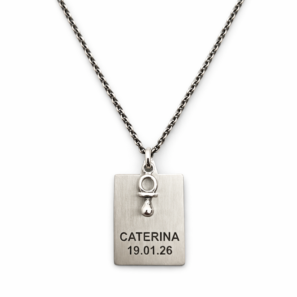 collana in argento 925 brunito regalo per neo paà personalizzata con ciondolo ciuccio e incisione nome e data figlio figlia 
