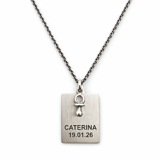 collana in argento 925 brunito regalo per neo paà personalizzata con ciondolo ciuccio e incisione nome e data figlio figlia