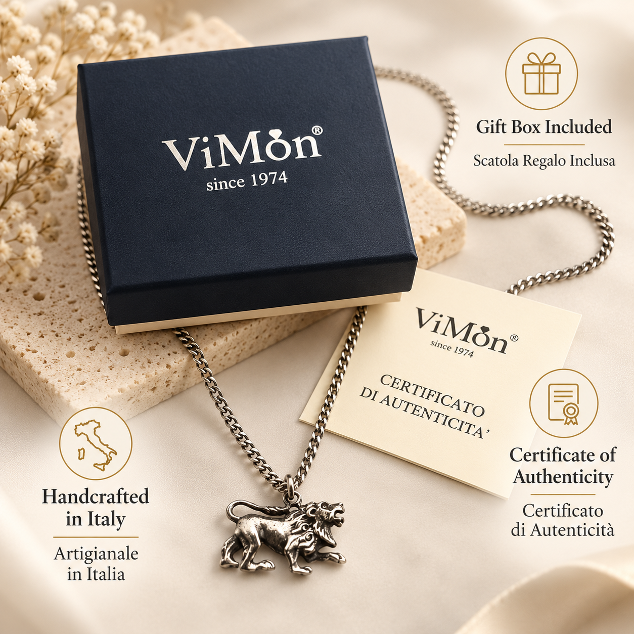 Confezione regalo ViMon Gioielli con collana zodiacale in argento 925, scatola originale e certificato di autenticità Made in Italy.